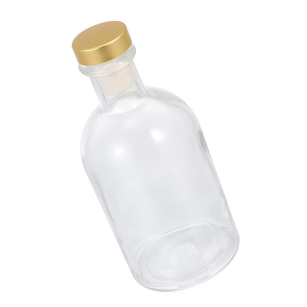 Transparent 250ml round glass gin bottle with sealed cork lid
